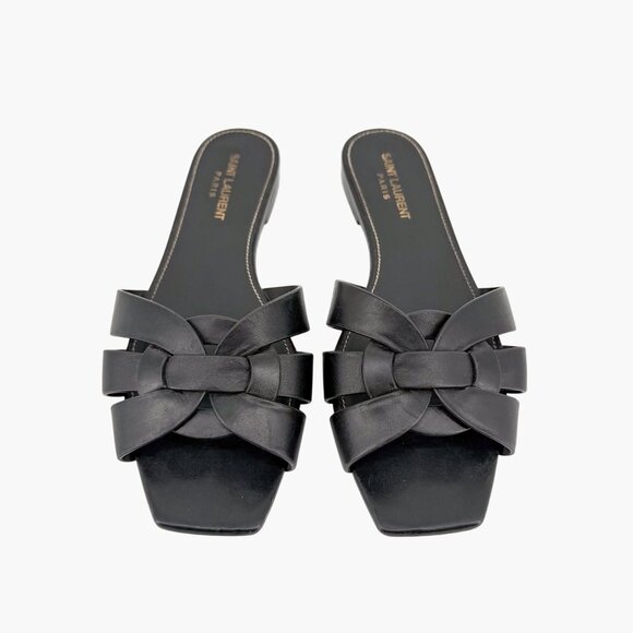 Saint Laurent Tribute Black Braided Leather Flat Slide Sandals Size 38.5 US 8.5 - Picture 3 of 15